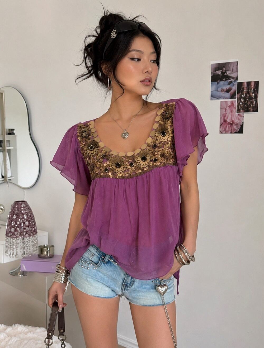 Boho Indies Y2K Vanity Flutter Sleeve Babydoll Top Size L Purple Sequin Floral